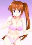  1girl blush bra breasts brown_hair cleavage commentary_request highres large_breasts long_hair lyrical_nanoha mahou_shoujo_lyrical_nanoha_strikers navel panties pink_bra pink_panties purple_eyes side_ponytail solo takamachi_nanoha toax2017 underwear very_long_hair wavy_mouth 