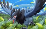  cloud commentary_request corvisquire day feathered_wings flying gen_8_pokemon hakuginnosora highres leaves_in_wind no_humans open_mouth outdoors pokemon pokemon_(creature) red_eyes sky solo talons tongue wind wings 