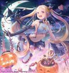  1girl abigail_williams_(fate/grand_order) bangs basket black_bow black_cat blonde_hair blue_eyes blush bow breasts candy cat crescent_moon fate/grand_order fate_(series) food forehead hair_bow happy_halloween highres jack-o&#039;-lantern kinom_(sculpturesky) long_hair looking_at_viewer midriff moon multiple_bows navel night night_sky orange_bow parted_bangs sidelocks sky small_breasts suspenders thighhighs twintails 