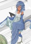  1girl animal_ears bare_shoulders bird_ears bird_legs bird_tail bird_wings blue_feathers blue_hair blue_wings digitigrade dress dress_lift fan feathered_wings feathers grey_eyes harpy head_feathers highres monster_girl open_mouth original rnd.jpg solo sunburn sweat tan tanline winged_arms wings 