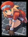  1girl all_fours belt bike_shorts blonde_hair blush breasts brown_gloves cabbie_hat from_above gloves green_eyes hair_between_eyes hat highres looking_at_viewer m.m pavement red_headwear red_shorts rockman rockman_dash roll_caskett short_sleeves shorts smile solo 