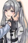  1girl 3_small_spiders :d ak-12_(girls_frontline) bangs black_gloves blush commentary_request eyebrows_visible_through_hair girls_frontline gloves grey_shirt hair_ribbon hand_on_own_cheek high_ponytail highres long_hair open_mouth outstretched_arm partially_fingerless_gloves pink_eyes ribbon shirt sidelocks silver_hair smile tactical_clothes 