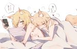  2girls animal_ears arknights aunt_and_niece blanket blemishine_(arknights) blonde_hair blue_eyes blush cellphone closed_eyes commentary hickey highres holding holding_phone horse_ears horse_tail hug hug_from_behind incest kyou_039 multiple_girls one_eye_closed phone pillow pillow_hug smartphone smile symbol_commentary tail translation_request twitter_username whislash_(arknights) yuri 