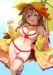 1girl :3 :d animal_ears bangs bare_shoulders bikini blush breasts brown_eyes brown_hair cleavage collar collarbone commentary dog_ears dog_girl dog_tail fangs frilled_bikini frilled_swimsuit frills groin hair_between_eyes hair_down halterneck highres hip_bones hololive inugami_korone jacket long_hair looking_at_viewer makumaxu medium_breasts midriff narrow_waist navel off-shoulder_jacket open_mouth parasol raised_eyebrows red_collar smile solo swimsuit tail umbrella virtual_youtuber white_bikini white_swimsuit yellow_jacket 