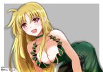  1girl :d alternate_costume ass bare_shoulders blonde_hair blush border breasts cleavage commentary_request dress fate_testarossa green_dress grey_background kamisu_kotona large_breasts leaning_forward long_hair looking_at_viewer lyrical_nanoha mahou_shoujo_lyrical_nanoha_strikers open_mouth red_eyes sleeveless sleeveless_dress smile solo twitter_username white_border 