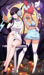  2girls breasts cleavage coat collaboration drifblim elesa_(pokemon) embarrassed gen_1_pokemon gen_4_pokemon gen_6_pokemon gloves gym_leader hair_ornament halloween headphones high_heels highres long_hair long_legs looking_at_viewer multiple_girls nurse pedestal pokemon pokemon_(game) pokemon_bw2 pumpkaboo red_hair rotom scientist scott_bennett sitting skyla_(pokemon) sparks thighhighs vivivoovoo voltorb wrench 