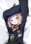  1girl abigail_williams_(fate/grand_order) absurdres arms_up bangs bed_sheet black_jacket blonde_hair blue_eyes bow crossed_bandaids fate/grand_order fate_(series) hair_bow hair_bun heroic_spirit_traveling_outfit highres jacket long_sleeves looking_at_viewer lying on_back parted_bangs parted_lips signature sleeves_past_fingers sleeves_past_wrists sofra solo star_(symbol) twitter_username upper_body 