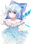  1girl alternate_costume ametama_(runarunaruta5656) arm_up bangs blue_bow blue_dress blue_eyes blue_hair bow bubble cirno dress hair_between_eyes hair_bow hand_on_hip highres ice ice_wings looking_at_viewer off-shoulder_dress off_shoulder open_mouth short_hair short_sleeves simple_background solo standing touhou water_dress white_background wings 