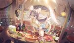  1girl :d alcohol animal_ears armlet barrel beef beer billboard blue_eyes bottle bracelet breasts coin coin_purse commentary_request dancer eyebrows_visible_through_hair fantasy food highres indoors jewelry knife lantern long_hair looking_at_viewer mole mole_on_breast mouse_ears necklace open_mouth original pie potion shazhiqiao silver_hair smile solo table tail tail_ring upper_teeth vial 