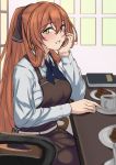  1girl 3_small_spiders absurdres apron bangs black_apron blue_neckwear blush book brown_hair chair collared_shirt commentary_request cup eyebrows_visible_through_hair girls_frontline green_eyes hair_between_eyes hair_ribbon hand_on_own_cheek high_ponytail highres long_hair looking_at_viewer m1903_springfield_(girls_frontline) mug parted_lips plate ribbon shirt sitting table white_shirt 