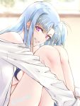  1girl absurdres bare_shoulders blue_hair blush breasts commentary_request highres large_breasts leonis_g long_hair looking_at_viewer lyrical_nanoha mahou_shoujo_lyrical_nanoha mahou_shoujo_lyrical_nanoha_a&#039;s mahou_shoujo_lyrical_nanoha_a&#039;s_portable:_the_battle_of_aces material-l naked_shirt open_clothes open_shirt purple_eyes shirt sitting smile solo twitter_username white_shirt 