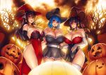  3girls black_dress black_hair blue_hair breasts cleavage dress earrings english_commentary erkaz gradient_hair hat highres huge_breasts jewelry long_hair looking_at_viewer looking_to_the_side multicolored_hair multiple_girls original red_dress red_eyes red_hair rina_atherina short_hair twintails witch_hat 