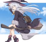  1girl animal_ears bag bangs black_footwear black_headwear black_robe blue_eyes blue_sky blush boots broom broom_riding brown_bag closed_mouth cloud day elaina_(majo_no_tabitabi) hair_between_eyes hand_on_headwear hand_up hat long_hair long_sleeves looking_at_viewer majo_no_tabitabi shiseki_hirame silver_hair sky smile solo witch witch_hat 