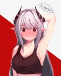  1girl 3: absurdres arknights arm_behind_head arm_up bare_arms bare_shoulders black_shirt blush breasts cleavage closed_mouth collarbone crop_top embarrassed highres horns jay_(56862057) long_hair looking_at_viewer medium_breasts mudrock_(arknights) nose_blush pointy_ears red_eyes shirt sidelocks silver_hair sleeveless sleeveless_shirt solo speech_bubble translation_request two-tone_background upper_body 