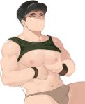  1boy abs bara bare_chest black_headwear briefs brown_hair bulge chest gondom grabbing green_tank_top highres lifted_by_self male_focus muscle navel nipples original pectoral_grab self_fondle shirt_lift short_hair sideburns solo spread_legs tank_top thick_thighs thighs underwear 