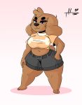  absurd_res anthro big_breasts bottomwear breasts brown_body brown_fur canid canine canis clothing domestic_dog facing_viewer female freckles fur hand_on_hip head_tuft hi_res hotpants looking_at_viewer mammal midriff purple_eyes short_stack shorts solo sprinkles_(thehoneybutter) thehoneybutter thick_thighs tuft wide_hips 