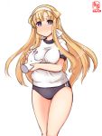  1girl alternate_costume artist_logo blonde_hair blue_buruma blue_eyes blush breast_grab breasts buruma cowboy_shot dated double_bun fletcher_(kantai_collection) grabbing guided_breast_grab gym_shirt gym_uniform highres kanon_(kurogane_knights) kantai_collection large_breasts long_hair looking_at_viewer shirt signature simple_background solo white_background 