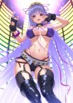  1girl \m/ absurdres ass_visible_through_thighs bb_(fate)_(all) bb_(swimsuit_mooncancer)_(fate) bikini black_footwear black_gloves black_shorts boots bow breasts cowboy_shot earrings fate/grand_order fate_(series) fingerless_gloves gloves hair_ribbon highres jewelry large_breasts long_hair looking_at_viewer micro_shorts navel pink_bow pink_ribbon purple_bikini purple_eyes purple_hair rainbow_order ribbon saruchitan shiny shiny_skin shorts smile solo standing star_(symbol) star_earrings swimsuit thigh_boots thighhighs very_long_hair 