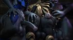  2020 3d_(artwork) abs alien anthro anus armor balls bottomless clothed clothing digital_media_(artwork) genitals grey_body grey_scales group half-erect halo_(series) hand_on_butt headgear helmet looking_back male male/male microsoft nipples penis rayhuma sangheili scales standing video_games watermark xbox_game_studios 