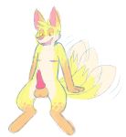  anthro bodily_fluids canid canine cum fox genital_fluids genitals half-closed_eyes hi_res knot male mammal narrowed_eyes paws penis pink_eyes smile softboymoon solo tailwag yellow_sclera 
