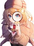  1girl bangs black_legwear blonde_hair blue_eyes blurry blurry_background breasts collared_shirt eyebrows_visible_through_hair grin hair_ornament hat highres holding hololive hololive_english jacket leaning_forward long_sleeves looking_at_viewer magnifying_glass medium_breasts mikan_(chipstar182) monocle_hair_ornament plaid plaid_skirt red_neckwear shirt simple_background skirt smile solo teeth thighhighs v-shaped_eyebrows virtual_youtuber watson_amelia white_background white_shirt 