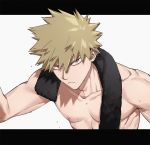  1boy bakugou_katsuki bangs blonde_hair boku_no_hero_academia closed_mouth collarbone commentary_request hair_between_eyes letterboxed looking_at_viewer male_focus nipples pectorals quwo red_eyes serious shirtless short_hair simple_background solo spiked_hair sweat towel towel_around_neck white_background 