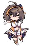  1girl ahoge arm_strap azur_lane baltimore_(azur_lane) baltimore_(muse)_(azur_lane) bangs boots bow braid breasts brown_hair center_frills center_opening chibi clothing_cutout commentary_request eyebrows_visible_through_hair french_braid frills full_body gloves grin hair_between_eyes hat headset idol knee_boots large_breasts looking_to_the_side mini_hat navel navel_cutout official_alternate_costume one_eye_closed orange_bow outstretched_arm pleated_skirt shirt short_hair sidelocks simple_background skirt sleeveless sleeveless_shirt smile solo standing sugoidere thigh_strap underboob v white_background white_footwear white_gloves white_shirt white_skirt yellow_eyes 