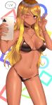  1girl :&gt; absurdres bangs bare_arms bare_shoulders bikini black_bikini black_choker blonde_hair blue_eyes blush breasts cameltoe cellphone choker cleavage clyde_s collarbone commentary_request contrapposto cowboy_shot dark_skin ear_piercing eyebrows_visible_through_hair foreshortening groin gyaru highres holding holding_phone huge_filesize idolmaster idolmaster_shiny_colors izumi_mei jewelry long_hair long_neck looking_at_viewer medium_breasts navel necklace o-ring o-ring_bikini o-ring_bottom one_eye_closed phone piercing smartphone solo speech_bubble standing stomach swimsuit v 