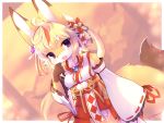  1girl animal_ear_fluff animal_ears bell blonde_hair cameltoe commentary_request crunchobar detached_sleeves fang fox_ears fox_girl fox_tail furry hair_ornament hand_to_own_mouth haruki_no_saidai_no_teki_wa_risei. highres japanese_clothes jingle_bell kini_(kinosei.) long_hair microskirt miko open_mouth panties ponytail purple_eyes red_skirt shirt skirt sleeves_past_wrists smile solo tail thighs underwear white_panties white_shirt white_sleeves 