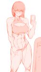  1girl abs absurdres blush bracelet breasts cellphone cleavage collarbone covered_nipples glasses halterneck highres jewelry jin_rou jitome medium_hair monochrome muscle muscular_female navel original panties panty_pull phone reflection self_shot sketch smartphone solo underwear 
