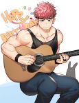  1boy abs animal_ears bara bare_arms bare_shoulders black_hair black_tank_top blue_eyes bulge bunny_ears chest collarbone denim facial_hair gondom guitar happy_birthday highres instrument instrument_request jeans male_focus multicolored_hair muscle original pants pink_hair short_hair sideburns sitting solo tank_top two-tone_hair 