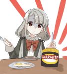  1girl :o bangs black_jacket blush_stickers bow brown_eyes collared_shirt commentary dress_shirt eyebrows_visible_through_hair food fork fried_egg grey_hair hair_between_eyes hands_up highres hisakawa_nagi holding holding_fork holding_knife idolmaster idolmaster_cinderella_girls idolmaster_cinderella_girls_starlight_stage jacket juliet_sleeves knife long_hair long_sleeves low_twintails marmite parted_lips plate puffy_sleeves red_bow shirt shiwa_(siwaa0419) solo table toast turn_pale twintails upper_body white_background white_shirt 