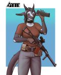  anthro black_body black_hair breasts chabett clothed clothing collar digital_media_(artwork) dragon female fur gloves gun hair handwear hi_res holding_gun holding_object holding_weapon horn looking_at_viewer multicolored_body multicolored_fur non-mammal_breasts open_mouth pirin-apex ranged_weapon red_eyes simple_background solo standing topwear two_tone_body two_tone_fur weapon white_body 