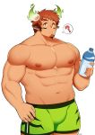  1boy ? absurdres animal_ears bangs bara beard bottle brown_hair bulge chest clayten facial_hair forked_eyebrows glowing_horns highres horns looking_at_viewer male_focus muscle pectorals shirtless solo thick_eyebrows tokyo_houkago_summoners upper_body wakan_tanka water_bottle 