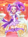  1girl :d arms_up bangs boots chocokin choker collarbone cure_sword detached_sleeves dokidoki!_precure earrings full_body hair_ornament high_heel_boots high_heels high_ponytail jewelry jumping layered_skirt long_hair long_sleeves looking_at_viewer miniskirt open_mouth parted_bangs precure purple_choker purple_footwear purple_hair purple_skirt purple_sleeves shiny shiny_hair skirt smile solo thigh_boots thighhighs two-tone_skirt very_long_hair white_skirt 