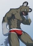  2020 5_fingers abs aggressive_retsuko anthro biceps brown_body brown_fur bulge chang52084 clothed clothing fingers fur gloves_(marking) haida hyaenid male mammal markings muscular muscular_anthro muscular_male nipples open_mouth pecs red_clothing red_underwear sanrio sharp_teeth solo spotted_hyena teeth topless underwear 