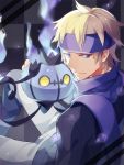  1boy black_sweater blonde_hair chandelure commentary_request fingernails gen_5_pokemon headband holding holding_pokemon looking_back male_focus morty_(pokemon) pants pokemon pokemon_(creature) pokemon_(game) pokemon_hgss purple_eyes purple_headband purple_scarf scarf shimatani_(ayumei) short_hair sweater 