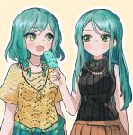  2girls absurdres aqua_hair bang_dream! bare_shoulders blush collarbone food highres hikawa_hina hikawa_sayo ice_cream jewelry multiple_girls necklace open_mouth seojinhui shirt skirt sleeveless sleeveless_turtleneck turtleneck yellow_eyes yellow_shirt 