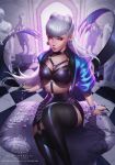  1girl bracelet claws cropped_jacket demon_girl earrings evelynn_(league_of_legends) highres jewelry league_of_legends long_hair looking_at_viewer makeup pleated_skirt revealing_clothes rinrindaishi silver_hair sitting skirt solo succubus yellow_eyes 