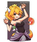  1girl :d anniversary artist_name bare_shoulders black_dress blonde_hair blush border bowsette bracelet breasts brooch claw_pose cleavage collar commentary cropped_legs crown dated dress english_commentary english_text eyebrows_visible_through_hair fangs fingernails fire forked_eyebrows grey_background hands_up horns jewelry long_hair looking_at_viewer mario_(series) medium_breasts multiple_rings new_super_mario_bros._u_deluxe o-ring open_mouth outside_border party_popper ponytail ring sharp_fingernails signature smile solo spiked_armlet spiked_bracelet spiked_collar spiked_shell spiked_tail spikes strapless strapless_dress super_crown symbol_commentary tail turtle_shell umenodo white_border 