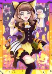  1girl :d animal_ears bangs black_capelet black_footwear blunt_bangs boots bow brown_eyes brown_hair capelet cat_ears cat_tail eyebrows_visible_through_hair fake_animal_ears fur_boots halloween halloween_costume hanzou healin&#039;_good_precure high_heels highres hiramitsu_hinata hood hooded_capelet layered_skirt long_hair miniskirt open_mouth orange_bow precure shiny shiny_hair short_sleeves skirt smile solo standing standing_on_one_leg tail tail_bow thigh_boots thighhighs twintails yellow_neckwear zettai_ryouiki 