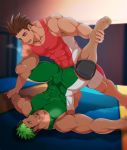  2boys bara black_hair brown_hair chest commission couple covered_abs covered_navel covered_nipples eye_contact facial_hair goatee green_eyes green_hair highres imminent_sex kuro_(shiranui) looking_at_another male_focus master_3_(tokyo_houkago_summoners) multicolored_hair multiple_boys muscle second-party_source short_hair sideburns skin_tight spread_legs swear taurus_mask thick_thighs thighs tokyo_houkago_summoners two-tone_hair wrestling_outfit yaoi 