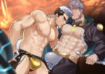  2boys abs bara bare_chest black_hair black_shirt blush bulge chest clothing_cutout commission couple crotchless crotchless_pants earrings facial_hair goatee green_eyes gyee hand_on_another&#039;s_neck hand_on_another&#039;s_waist highres jewelry kienbiu licking male_focus multicolored_hair multiple_boys muscle navel nipples purple_hair second-party_source shirt shirtless short_hair shrug_(clothing) sideburns spread_legs su_(gyee) sucking_male_nipple thick_thighs thigh_cutout thighs tongue tongue_out two-tone_hair yan_(gyee) yaoi 
