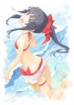  1girl bangs bikini black_hair blunt_bangs bow dated errant eyebrows_visible_through_hair hair_bow highres long_hair looking_at_viewer looking_back muguruma_miyako ocean open_mouth ponytail purple_eyes red_bow senyoku_no_sigrdrifa solo swimsuit thigh_strap water 