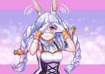  animal_ears bare_arms blue_hair braid bunny-shaped_pupils bunny_ears carrot_hair_ornament closed_mouth cross-laced_clothes eyebrows food_themed_hair_ornament frilled_straps gloves gradient_eyes hair_ornament heart heart_hands hikimayu hololive idol idol_clothes long_hair multicolored multicolored_eyes multicolored_hair niaro nonstop_story orange_eyes rabbit_girl signature smile sweatdrop twin_braids twintails two-tone_hair usada_pekora v-shaped_eyebrows virtual_youtuber white_gloves white_hair yellow_eyes 