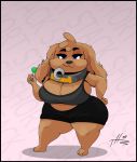  absurd_res anthro big_breasts bottomwear breasts brown_body brown_fur candy canid canine canis cleavage cleavage_overflow clothed clothing collar domestic_dog female food freckles fur hand_on_hip hi_res huge_breasts lollipop mammal midriff overweight overweight_anthro overweight_female purple_eyes shirt short_stack shorts slightly_chubby solo sprinkles_(thehoneybutter) tank_top thehoneybutter thick_thighs topwear wide_hips 