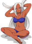  1girl abs adjusting_hair animal_ears arms_up bangs bare_arms bare_legs bikini blue_bikini boku_no_hero_academia bunny_ears commentary_request dark_skin eyelashes indian_style long_hair looking_at_viewer mirko mouth_hold muscle muscular_female nstime23 off-shoulder_swimsuit parted_bangs red_eyes shadow simple_background sitting soles solo swimsuit white_background white_hair 