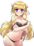  black_bra black_panties blonde_hair bra breast_hold breasts fletcher_(kantai_collection) hair_ornament highres kantai_collection large_breasts long_hair panties purple_eyes simoyuki simple_background star_(symbol) star_hair_ornament underwear underwear_only 