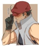  1boy aruji_yume bare_arms black_gloves black_hair blush commentary_request facial_hair gloves hand_up hat highres male_focus noland_(pokemon) parted_lips pokemon pokemon_(game) pokemon_emerald pokemon_rse red_headwear short_hair signature solo upper_body watermark 