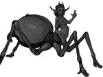  4:3 4_arms ant ant_taur arthropod arthropod_abdomen arthropod_taur black_body black_eyes black_hair breasts female genitals gesture hair horn humanoid_pointy_ears hymenopteran hymenopteran_taur insect insect_taur looking_at_viewer medium_breasts monochrome multi_arm multi_limb nipples non-mammal_breasts nude pussy quadruped ribs simple_background solo syvaron taur 